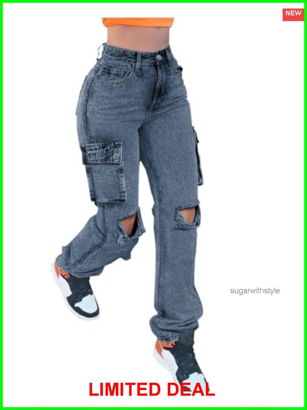 High Waisted Distressed Ripped Cargo Jeans Straight Leg Denim Pants